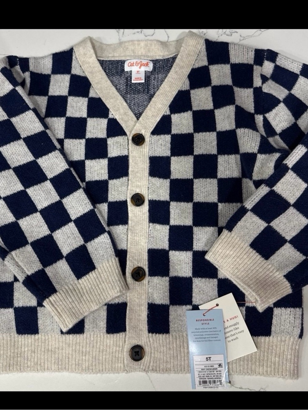 Cat & Jack Navy and Cream Checkerboard Cardigan kids 5T